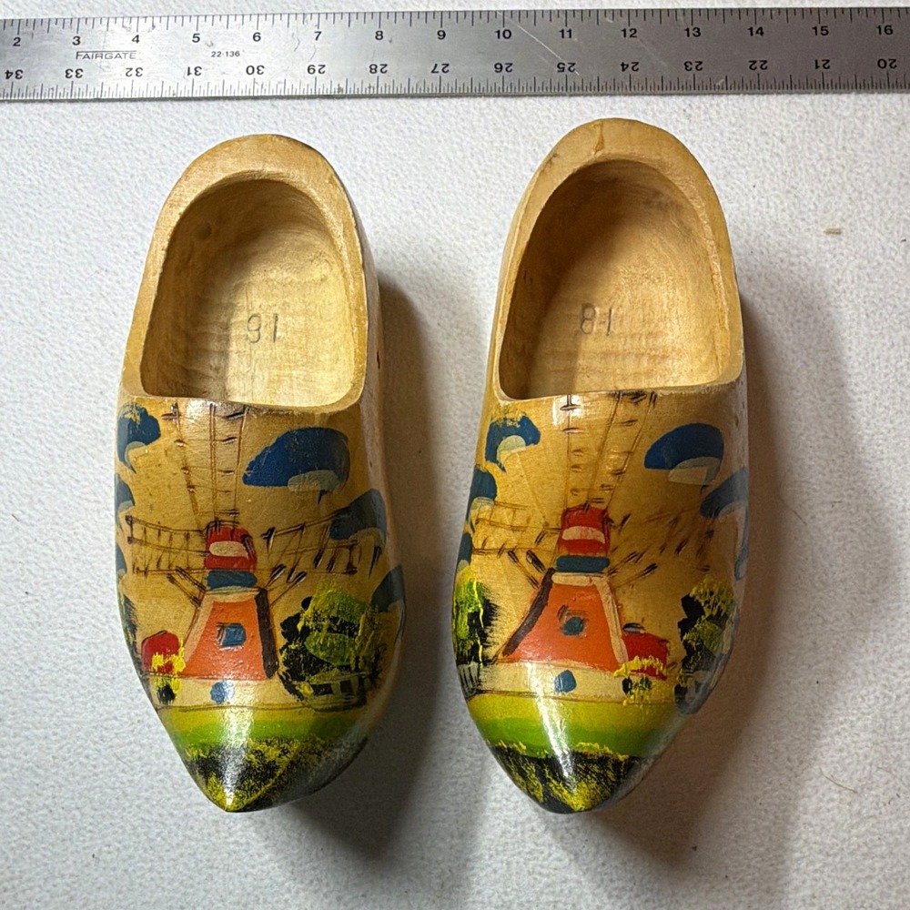 Hand-Painted Folk Art Wooden Dutch Clogs, Beige Multicolor Windmill Design